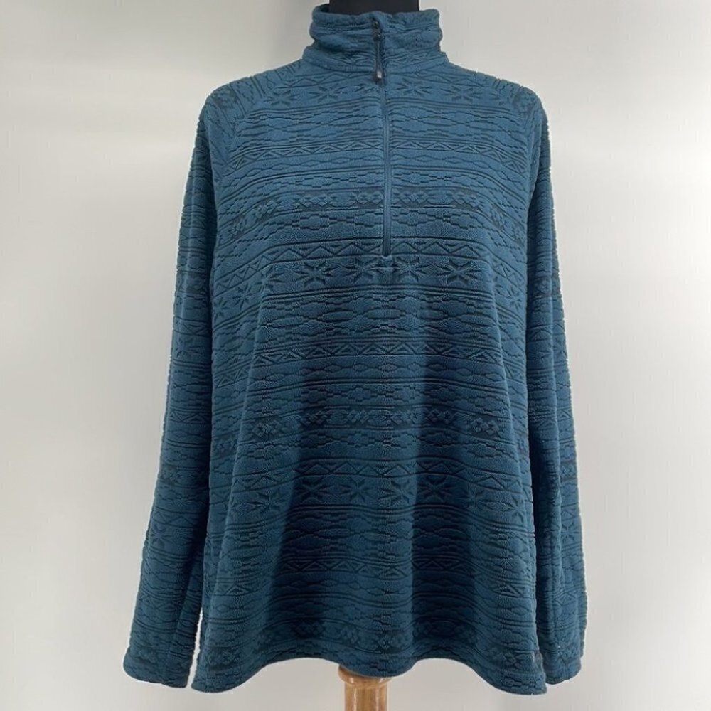 𝅺eddie Bauer Quarter Zip Fleece Jacket turquoise pattern sz m layering warm